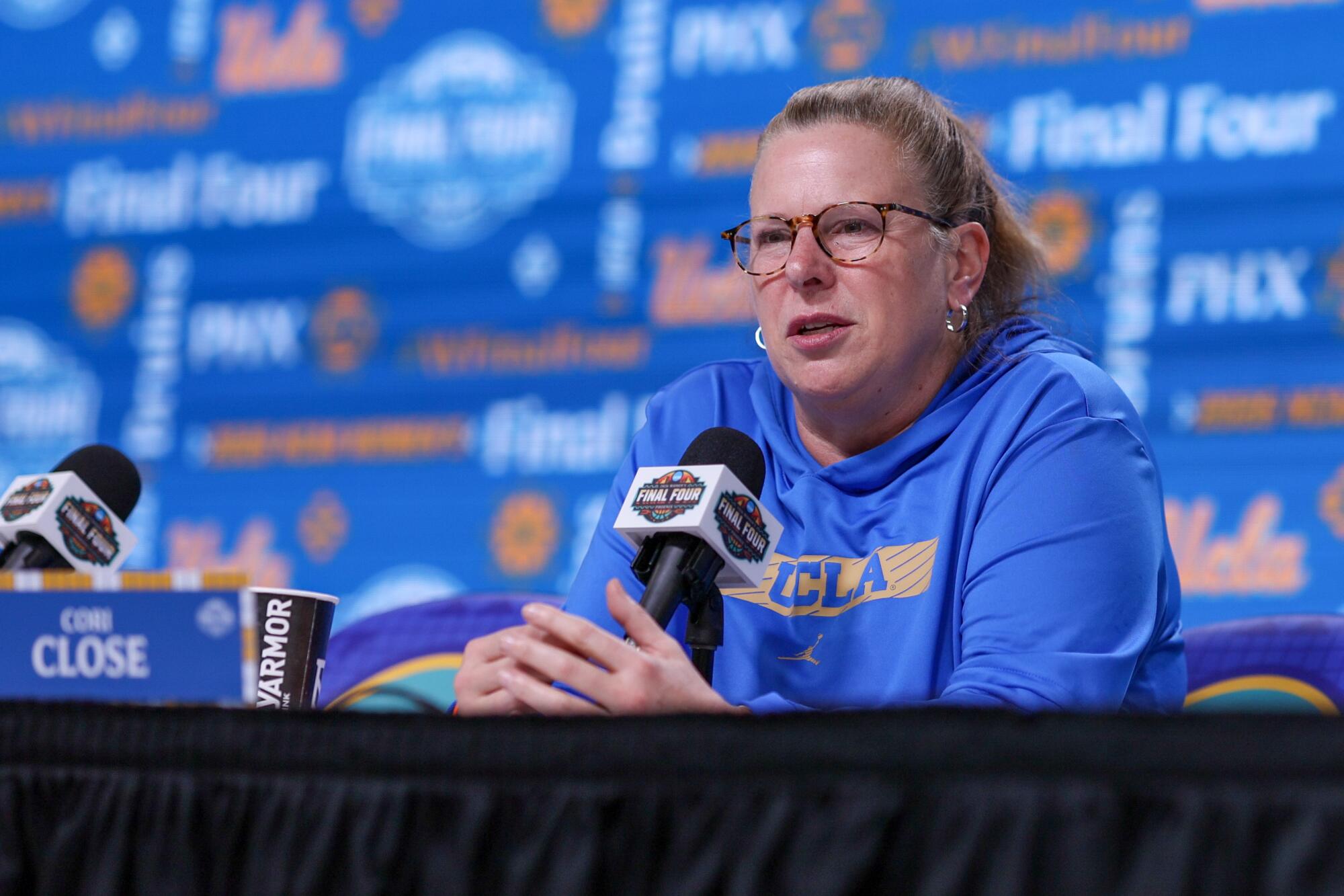 UCLA coach Cori Close speaks during a news conference on April 4.