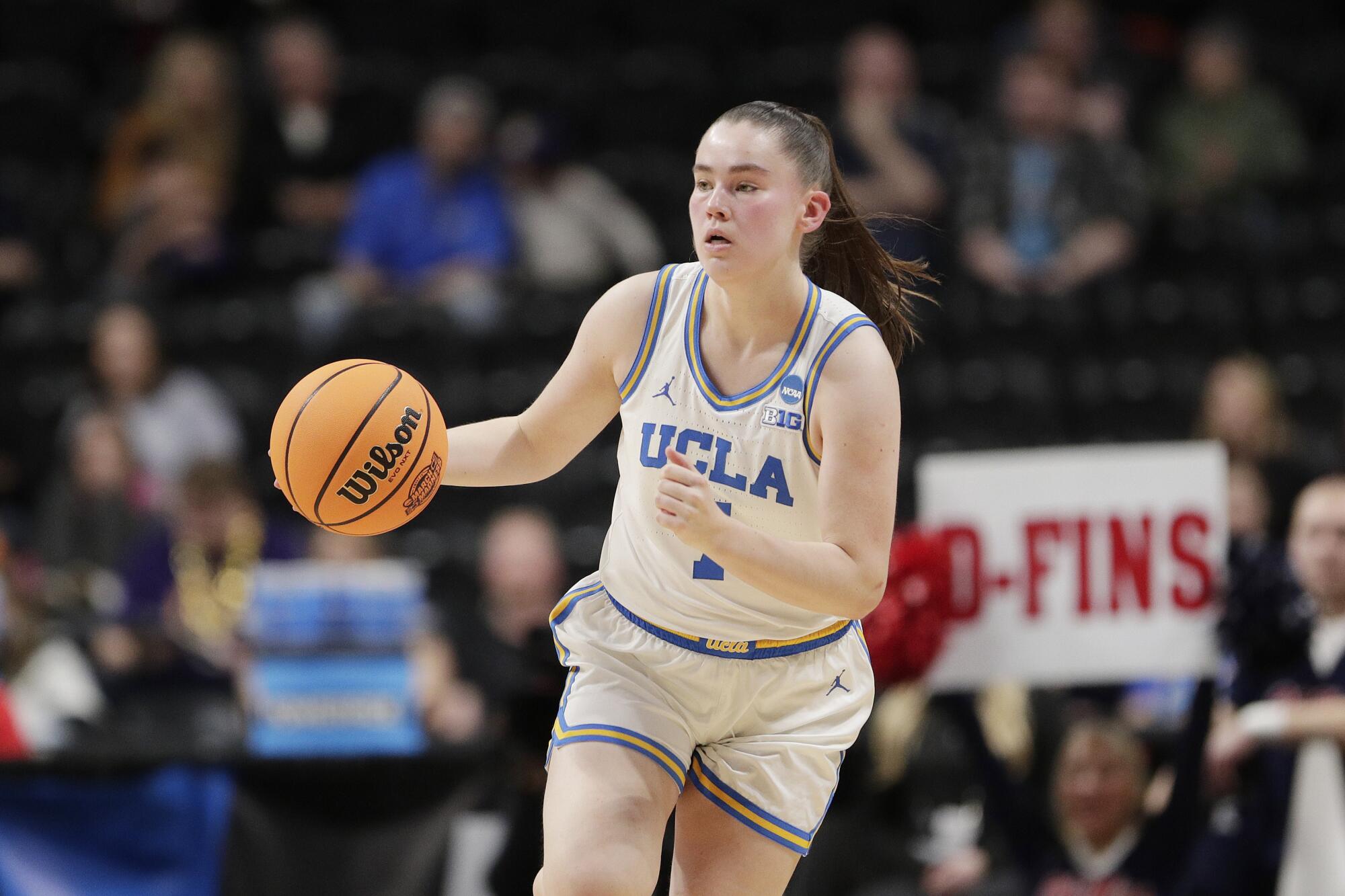 UCLA guard Elina Aarnisalo controls the ball in the Sweet 16 of the 2025 NCAA tournament.