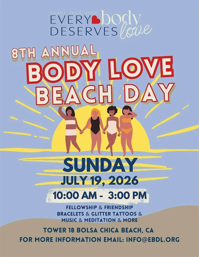 A an animated poster that says "Every Body Deserves Love 8th Annual Body Love Beach Day."