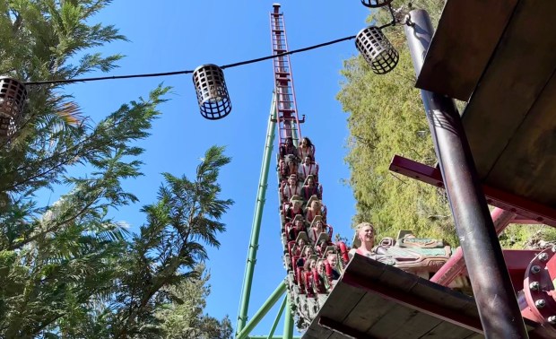 Knott's Berry Farm employees ride the new Montezooma: The Forbidden Fortress roller coaster during filming for a television commercial. (Photo by Brady MacDonald, Orange County Register/SCNG)