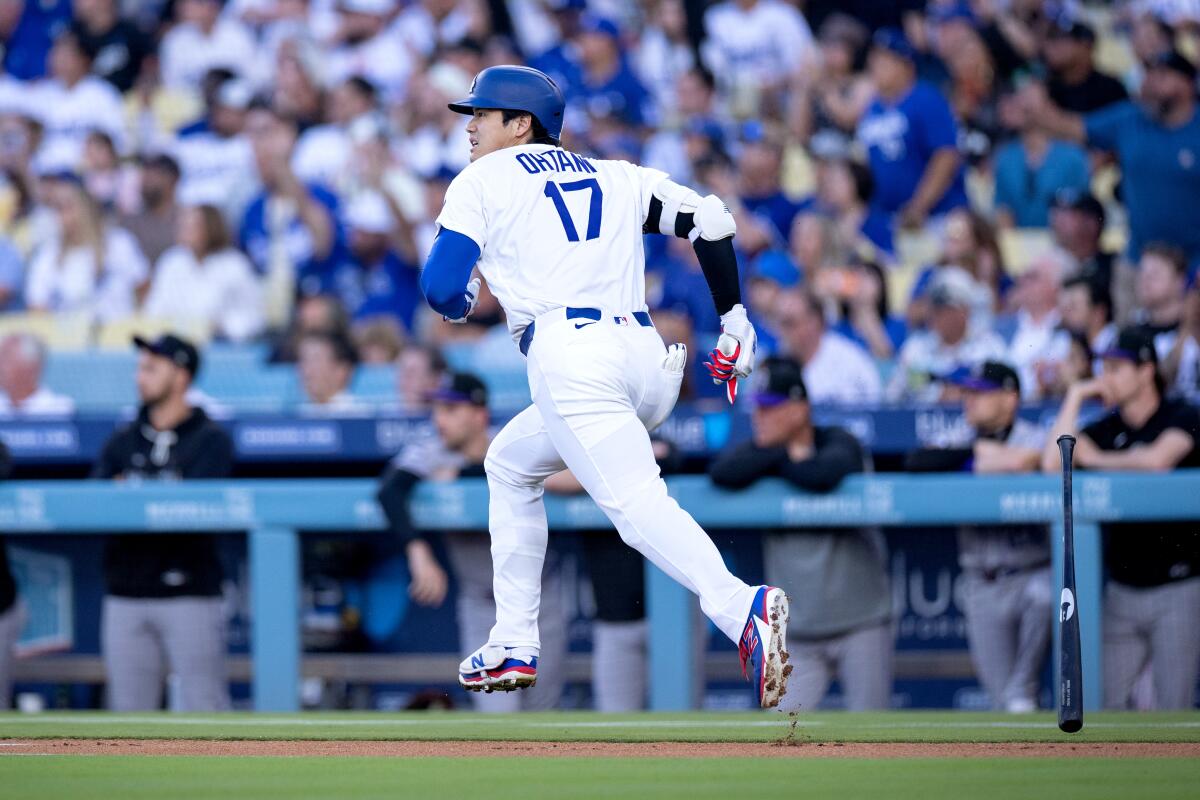 Dodgers star Shohei Ohtani hits his 300th career home run against the Colorado Rockies at Dodger Stadium on July 7.