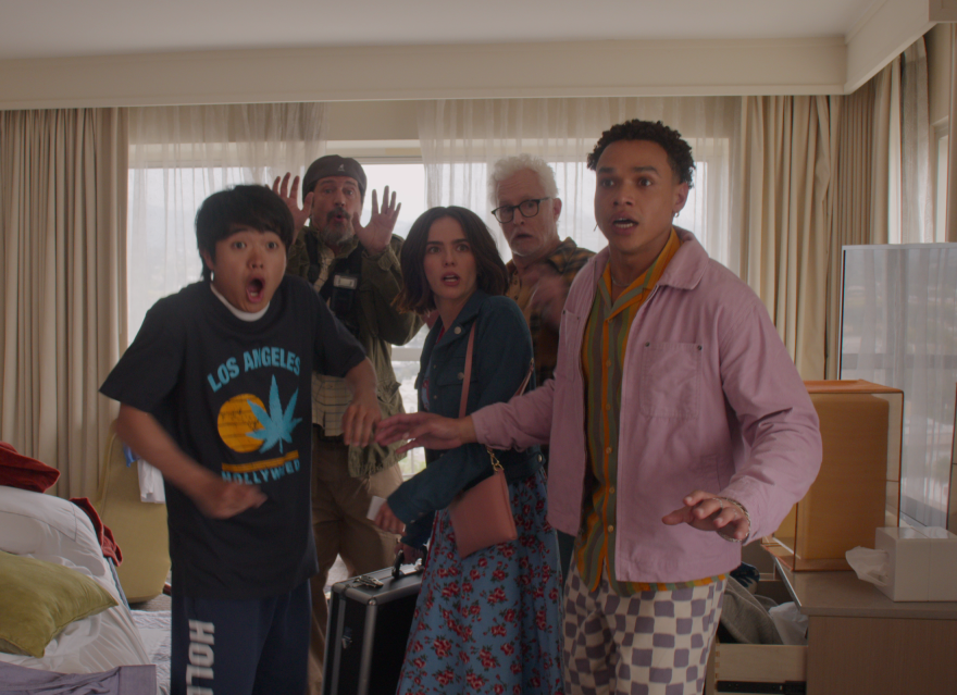 Ben Wang, Ken Marino, Zooey Deutch, John Slattery and Miles Gutierrez-Riley in a scene from Gail Daughtry and the Celebrity Sex Pass.