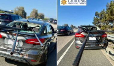 Truck carrying metal pipes loses load, spearing through car window in OC crash