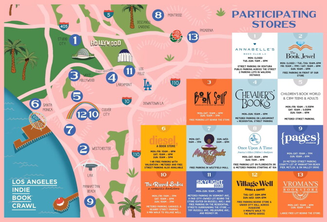 A cartoon map of all the locations for the Indie Book Crawl. A label at the top says participating stores, Los Angeles can be seen throughout the map.