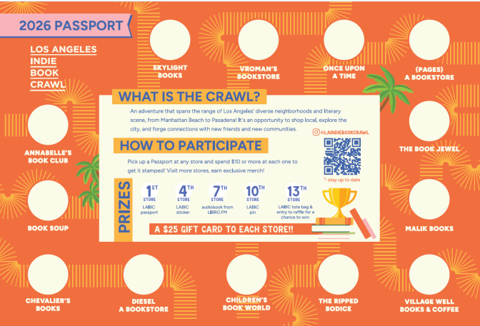 A sample passport for the Los Angeles Indie Book Crawl. The passport is orange and has various places for stamps. There are instructions in the middle of the card.