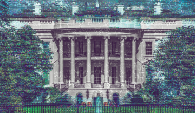 The White House is shown with tall columns, surrounded by trees, grass, and a central water fountain, overlaid with a digital code effect.