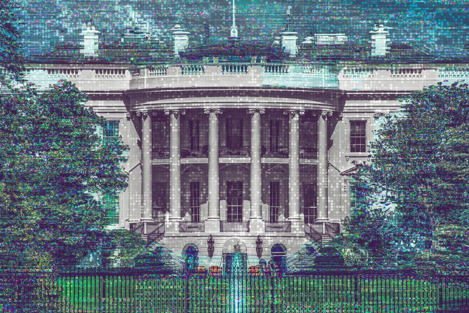 The White House is shown with tall columns, surrounded by trees, grass, and a central water fountain, overlaid with a digital code effect.