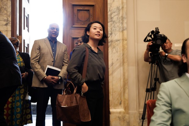 Newly elected Oakland City Councilmember Charlene Wang arrives at her swearing-in ceremony at City Hall in Oakland, Calif., on Tuesday, May 19, 2025. (Dai Sugano/Bay Area News Group)