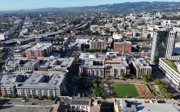 A drone view of the Uptown District in downtown Oakland, Calif., on Tuesday, April 7, 2026. (Jane Tyska/Bay Area News Group)