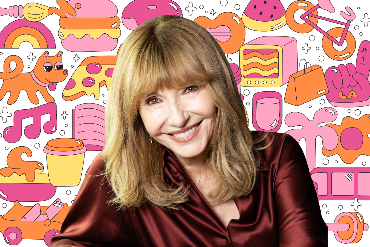 Photo of a person on a background of colorful illustrations like a book, dog, pizza, TV, shopping bag, and more