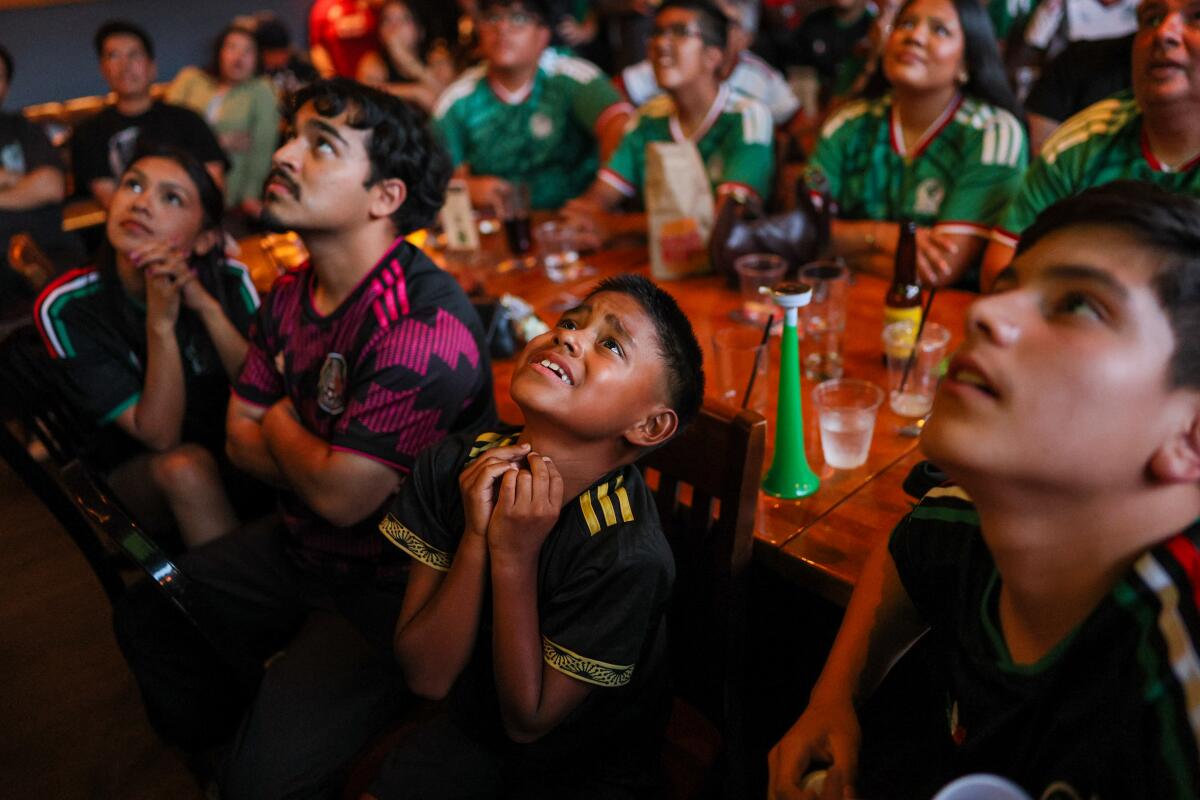 Santa Ana resident Reynaldo Flores Jr., 10, center, reacts during the final minutes of a game between Mexico and England