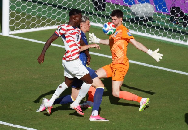 United States' Folarin Balogun (20) can't get the ball past Bosnia and Herzegovina goalkeeper Nikola Vasilj (1) in the first half for the FIFA World Cup at Levi's Stadium in Santa Clara, Calif., on Wednesday, July 1, 2026. (Nhat V. Meyer/Bay Area News Group)