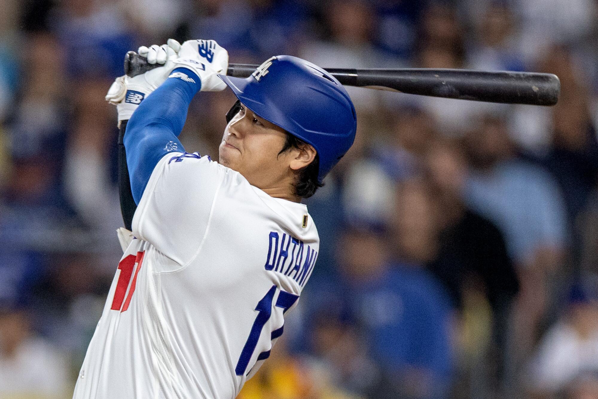 Shohei Ohtani hits a home run against the Tampa Bay Rays at Dodger Stadium on June 16.