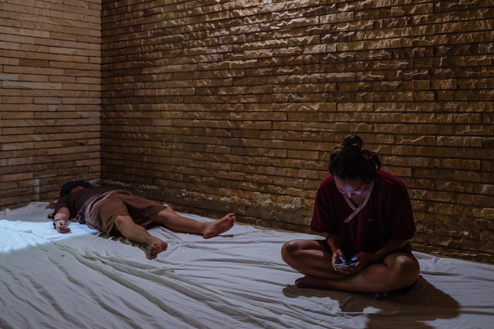 Guests relax in the the "yellow clay room."