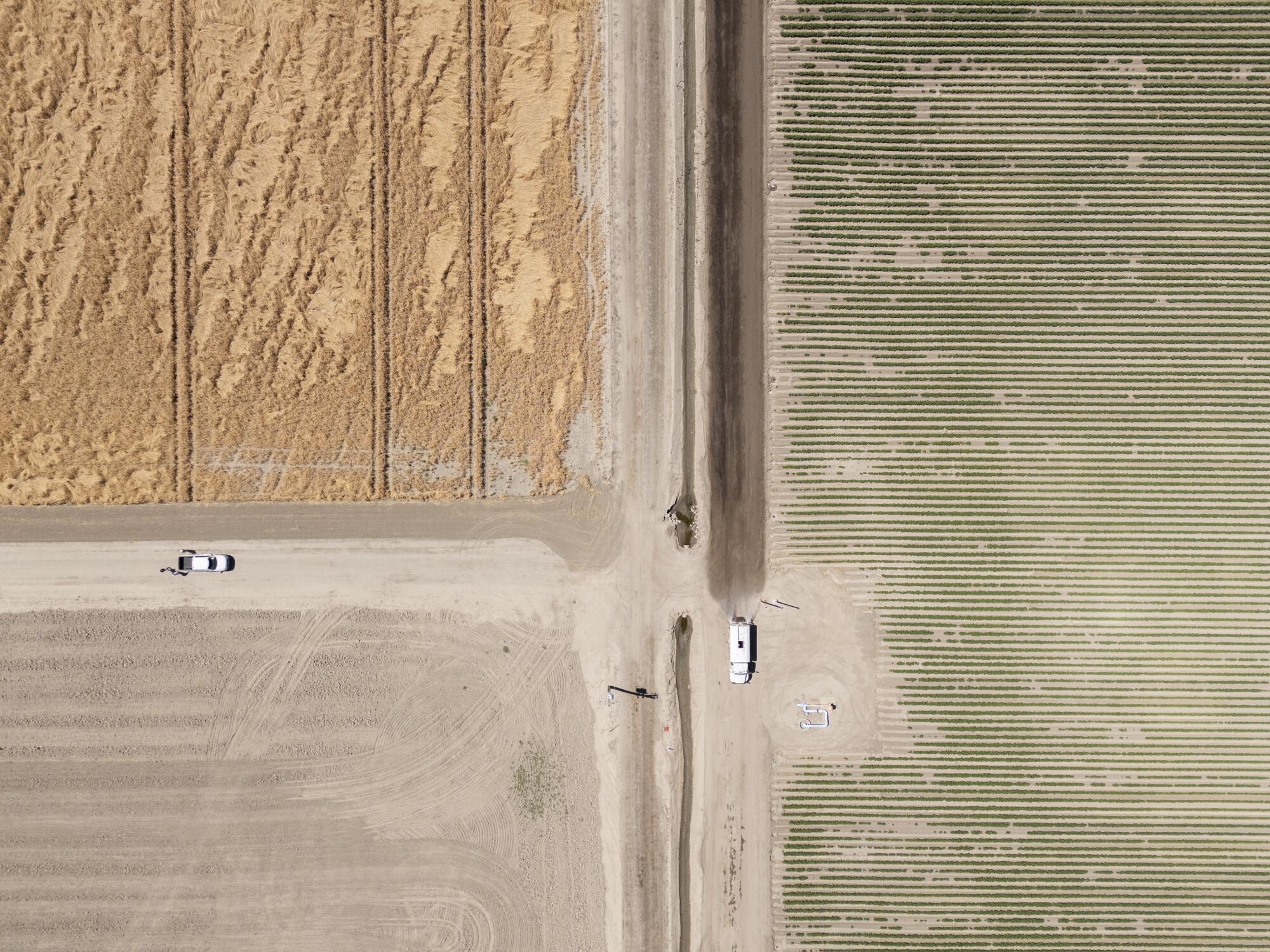 In this drone view, farmer Todd Tracy is converting 2,600 acres of his Buttonwillow farm to a solar.