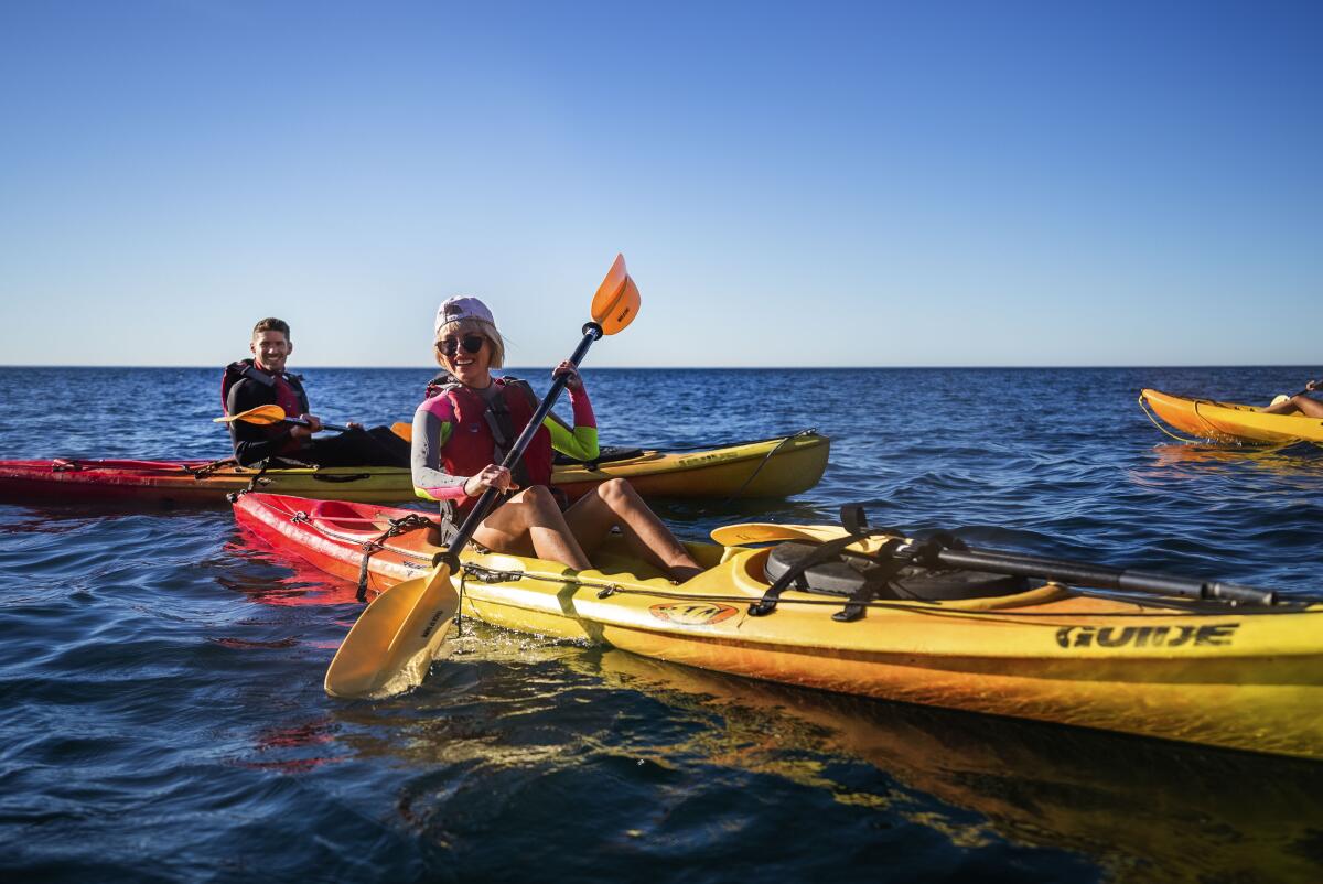 Two smiling people kayak on the ocean.