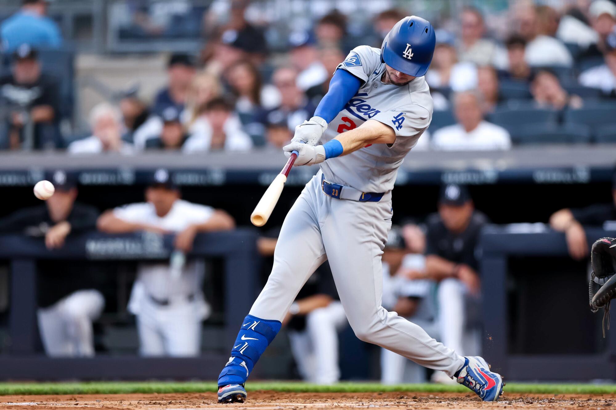 Dodgers outfielder Kyle Tucker singles during the second inning against the New York Yankees on Friday.