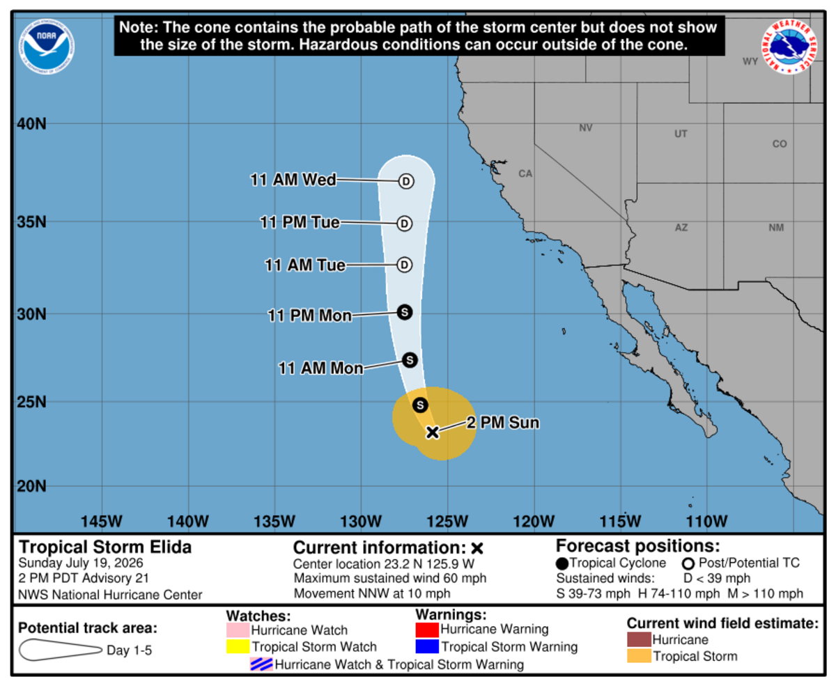 National Hurricane Center advisory for Tropical Storm Elida issued on Sunday, July 19.