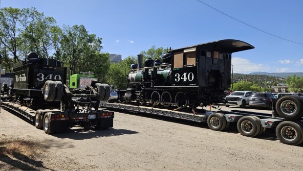 Locomotive 340 and her Rio Grande tender traveled on separate lowboy big rig trucks between Knott's Berry Farm and Durango. (Courtesy of Mike Arciniega/Knott's Berry Farm)