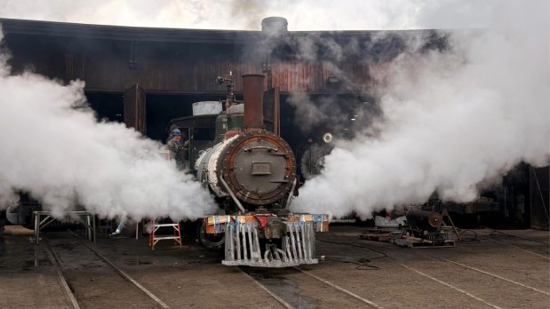 Blowing out the passages on Knott's Berry Farm Locomotive 340 at the Durango & Silverton Narrow Gauge Railroad yard. (Courtesy of Randy Babcock/Durango & Silverton Narrow Gauge Railroad)