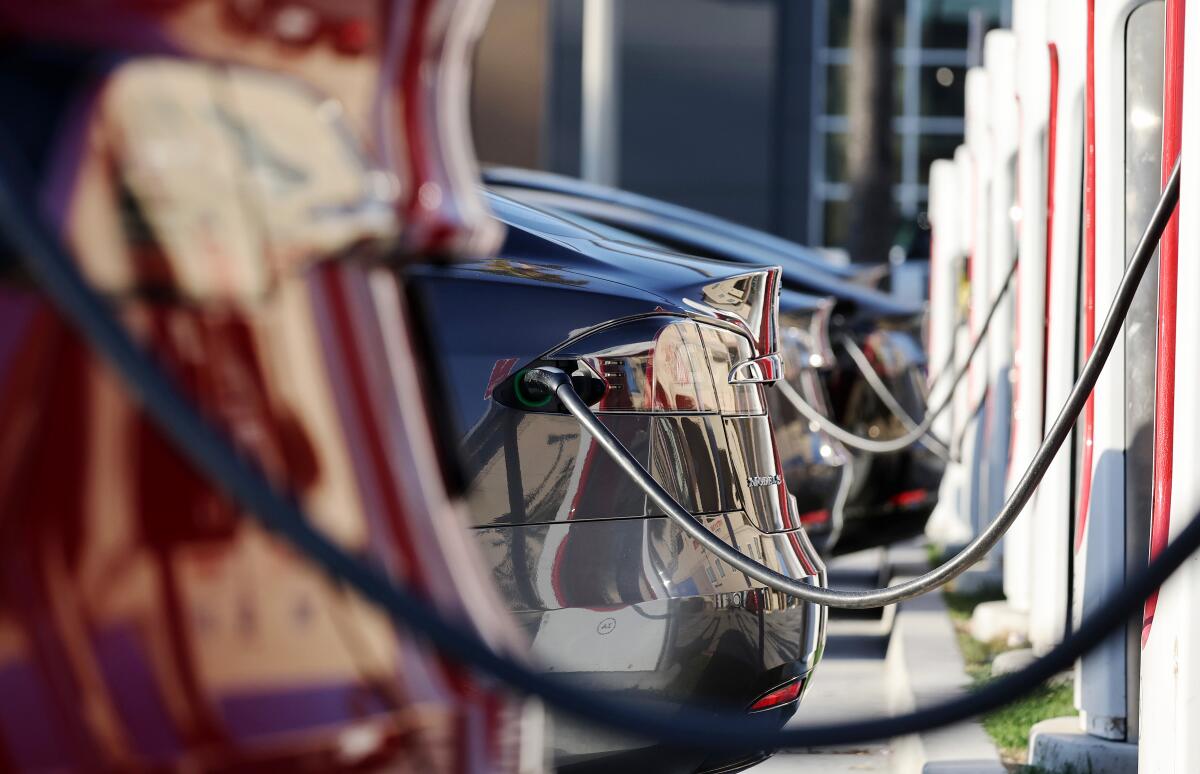 A row of electric cars being charged