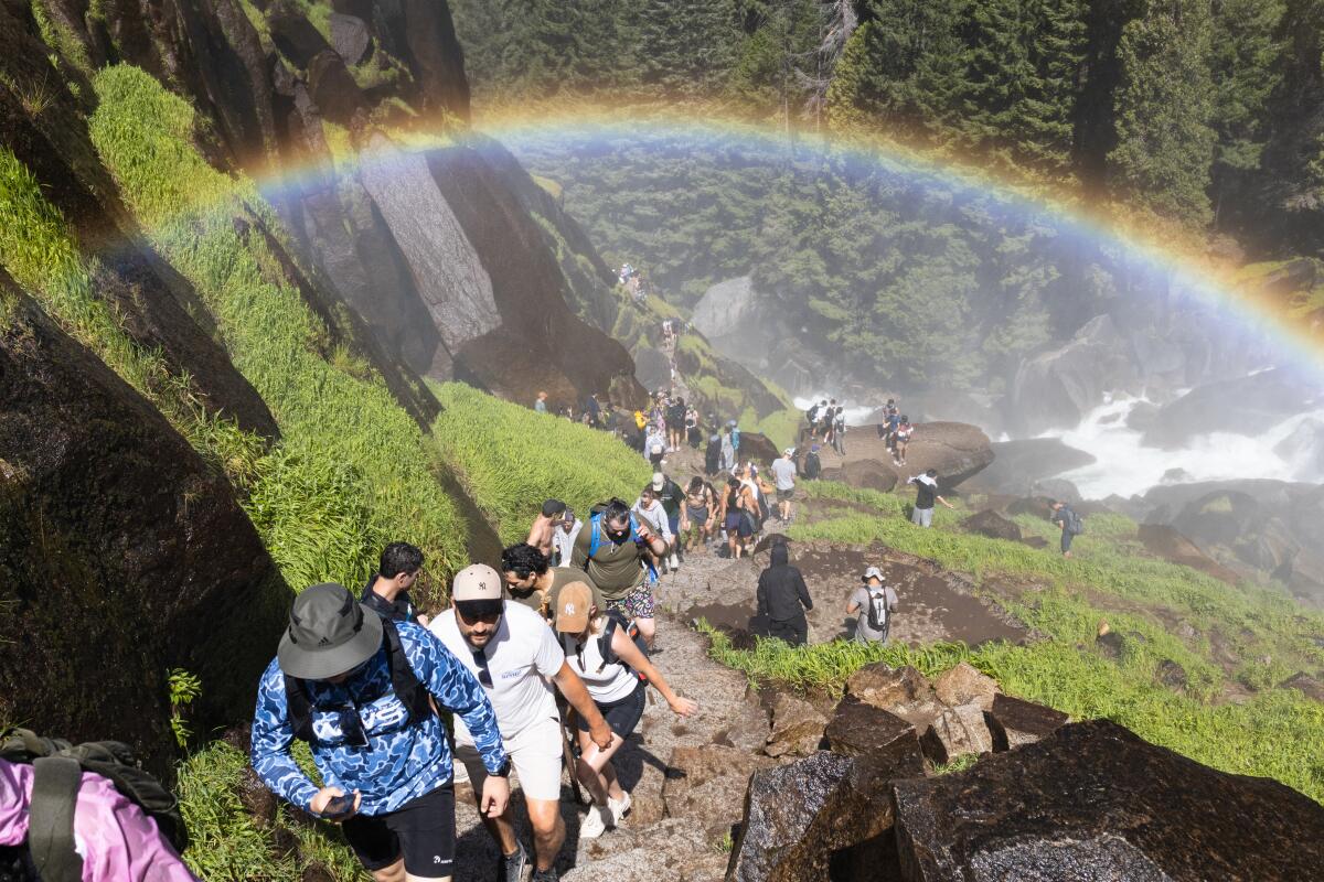 Crowds hike their way up the mist trail, one of the more popular trails in Yosemite National Park