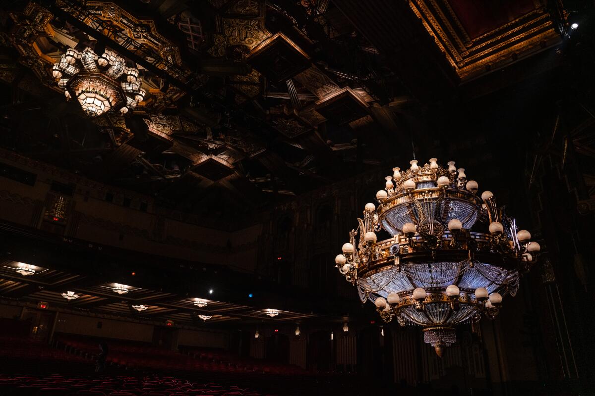 The 2,000-pound chandelier set piece for "Phantom of the Opera" hangs in the Hollywood Pantages Theatre in Los Angeles.