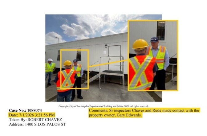 A smaller image focuses in on a larger image of a man wearing a yellow hazard vest speaking with a person in an orange hazard vest. Underneath is text that reads the case number, date, and comments describing the photo.