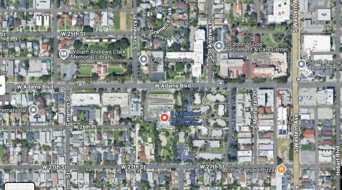 A Google maps screeshot of the Murphy drill site, operated by E & B Natural Resources, in the Jefferson Park neighborhood of L.A. 