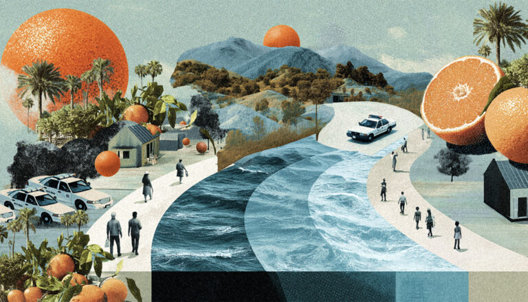 An illustration depicting areas of critical public need in California, symbolized by large oranges, a flowing waterway, police cars and various landscapes