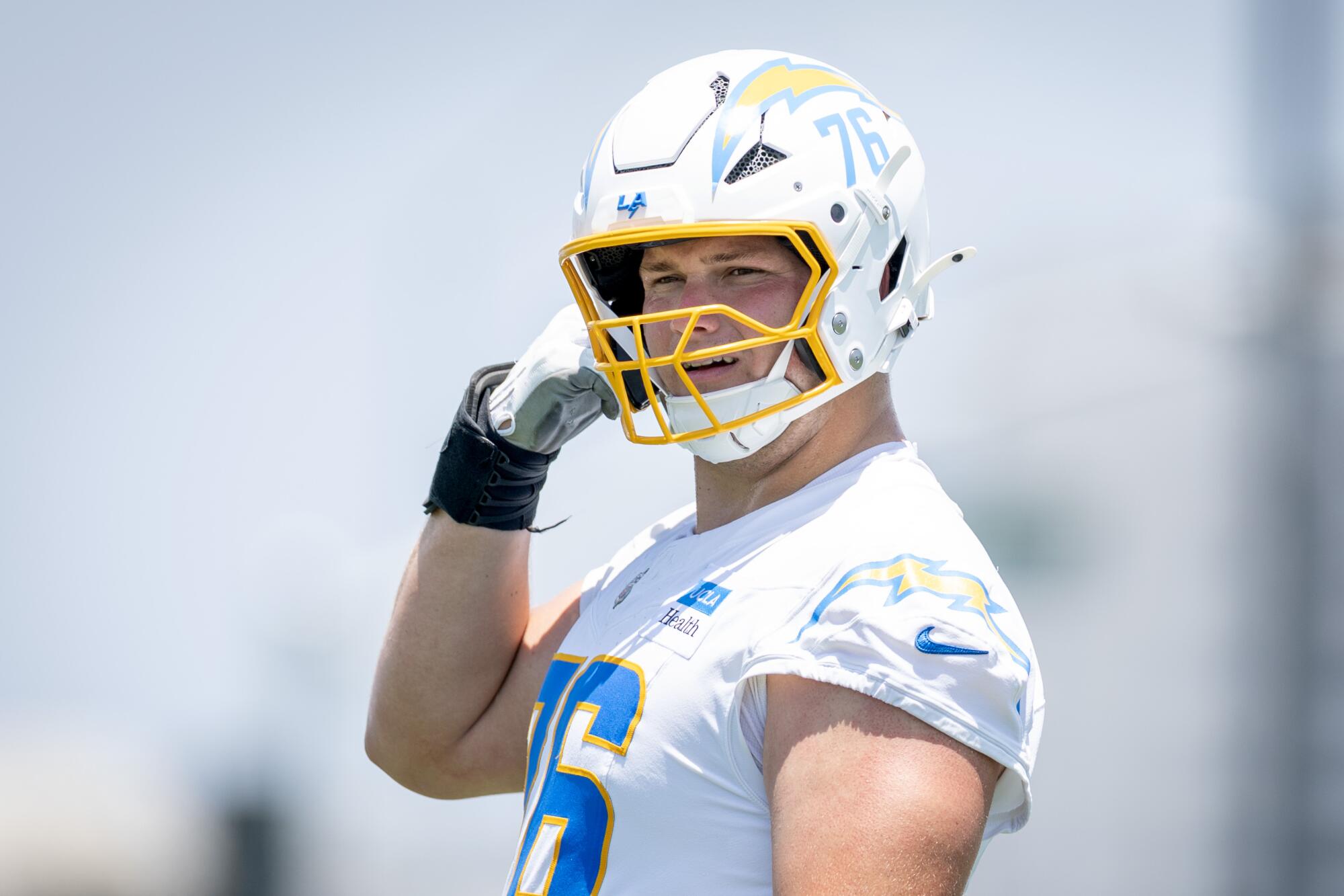 Chargers offensive tackle Joe Alt participates in a drill at minicamp in June.