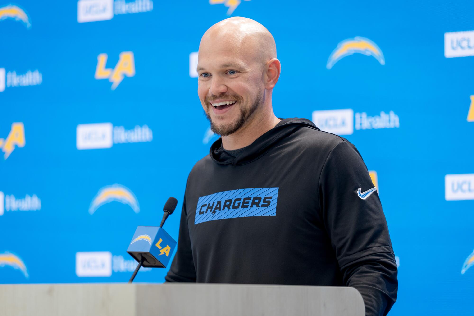 Chargers defensive coordintor Chris O'Leary speaks at a news conference on June 17.