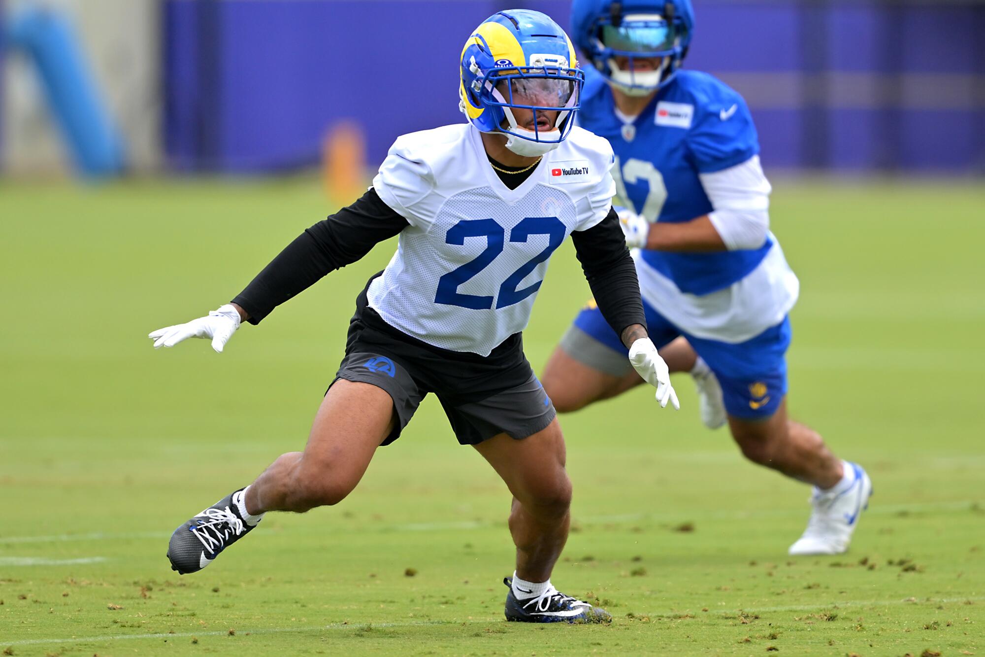 Rams cornerback Trent McDuffie participates in drills during practice in May.