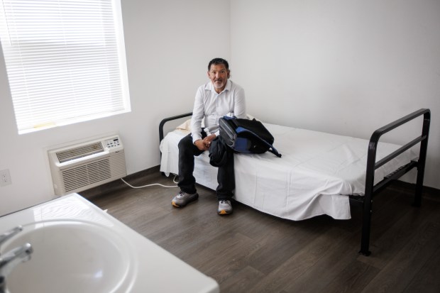 Former resident Fernando Vilchis-Alcantara at his old room at HomeFirst's Rue Ferrari Emergency Interim Housing site after an interview with this news organization on April 13, 2026. He is currently living in an apartment after spending about six months at this interim housing site in San Jose, Calif. (Dai Sugano/Bay Area News Group)