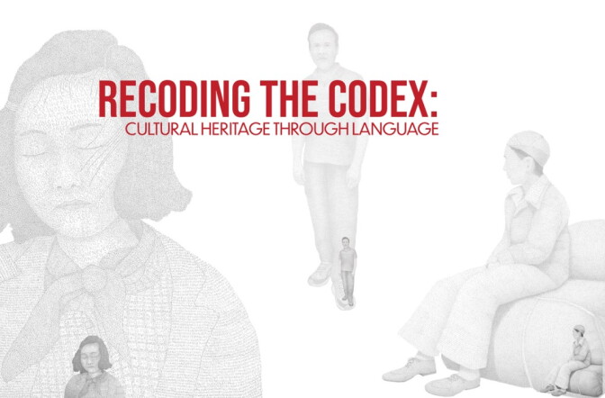 Animated semi-transparent drawings of six men and women, with red text overlaid reading Recoding the Codex: Cultural Heritage Through Language.