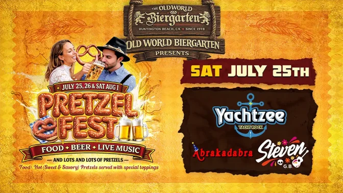 A yellow-backgrounded poster with two light-skinned people drinking a bear and holding a pretzel, and text reading PRETZEL FEST spelled out in text that resembles pretzels.