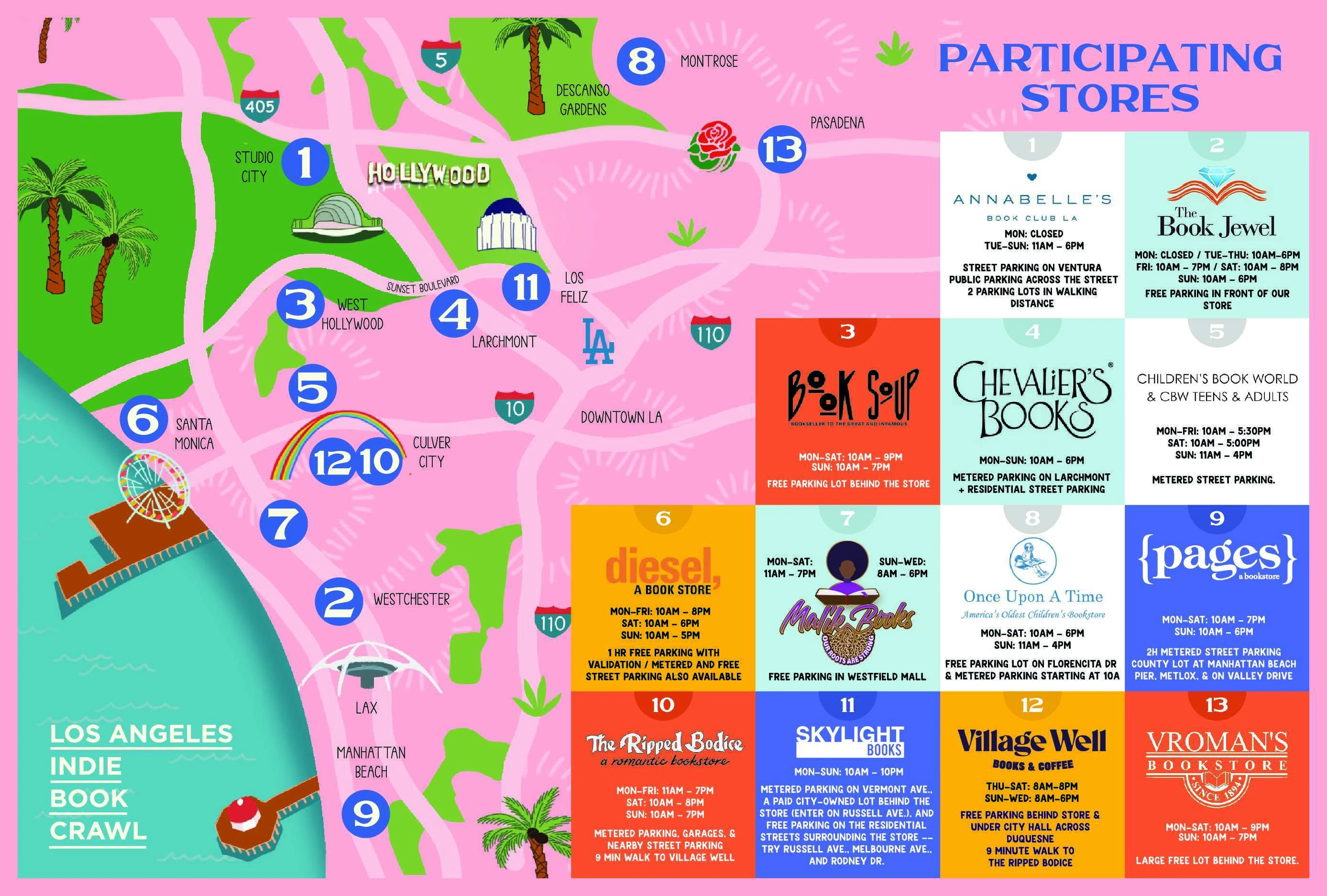 An illustrated map of the Los Angeles Indie Book Crawl.