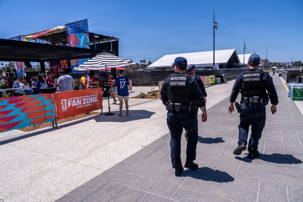 U.S. Coast Guard personnel patrol FIFA World Cup 26 Fan Zone at West Harbor in Los Angeles