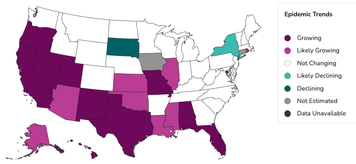 Map shows 10 states where COVID is growing, including California, Texas and Florida.