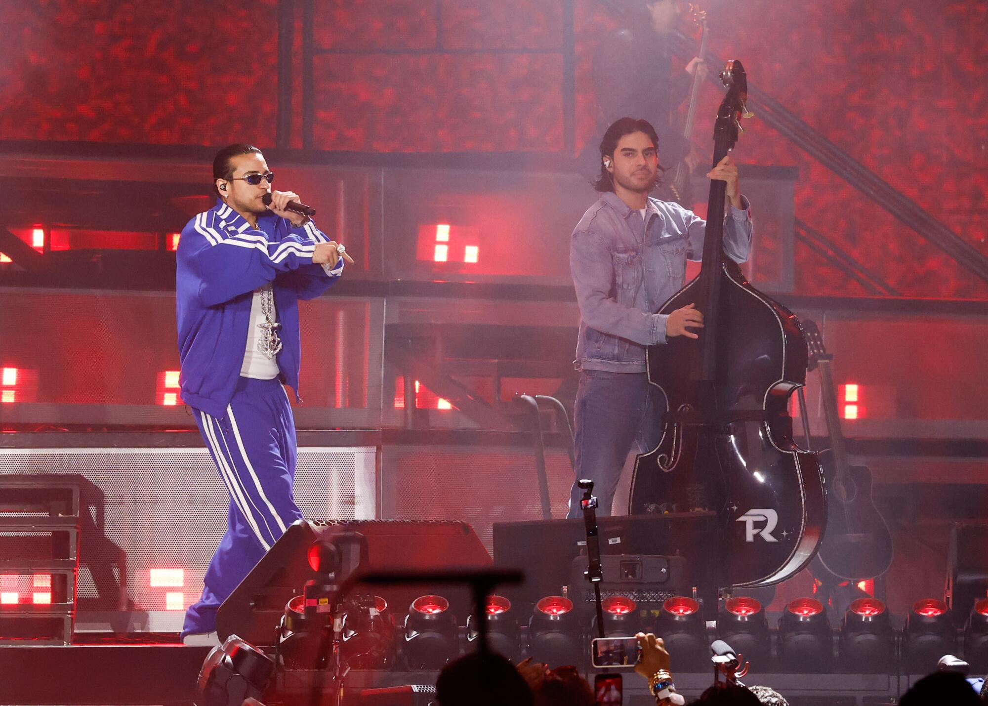 Jesus Ortiz Paz and Moises Lopez of Fuerza Regida perform at Dodger Stadium