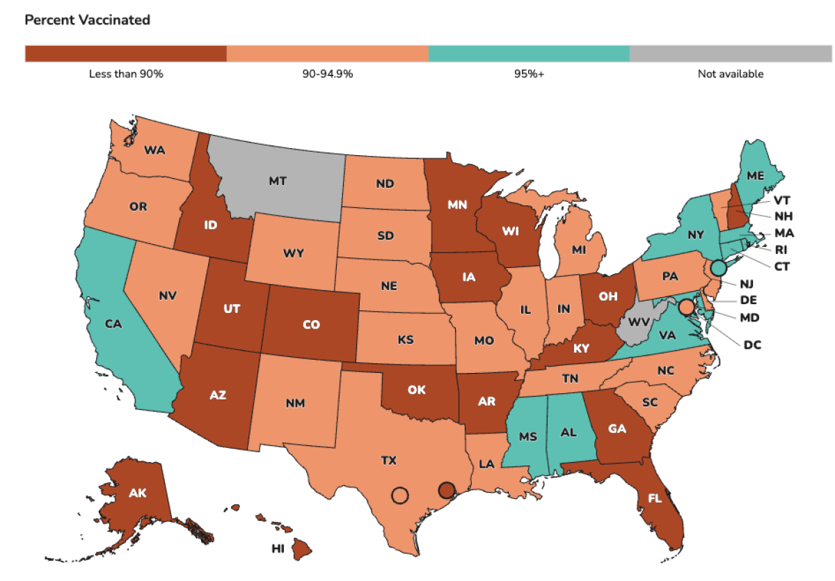 Map of measles vaccination rates in the U.S.