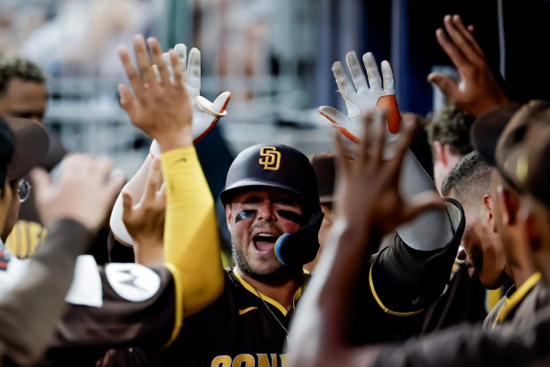 San Diego Padres' Ty France celebrates in the dugout after hitting a solo home run against the Atlanta Braves during the seventh inning of a baseball game, Monday, July 20, 2026, in Atlanta. (AP Photo/Erik S. Lesser)