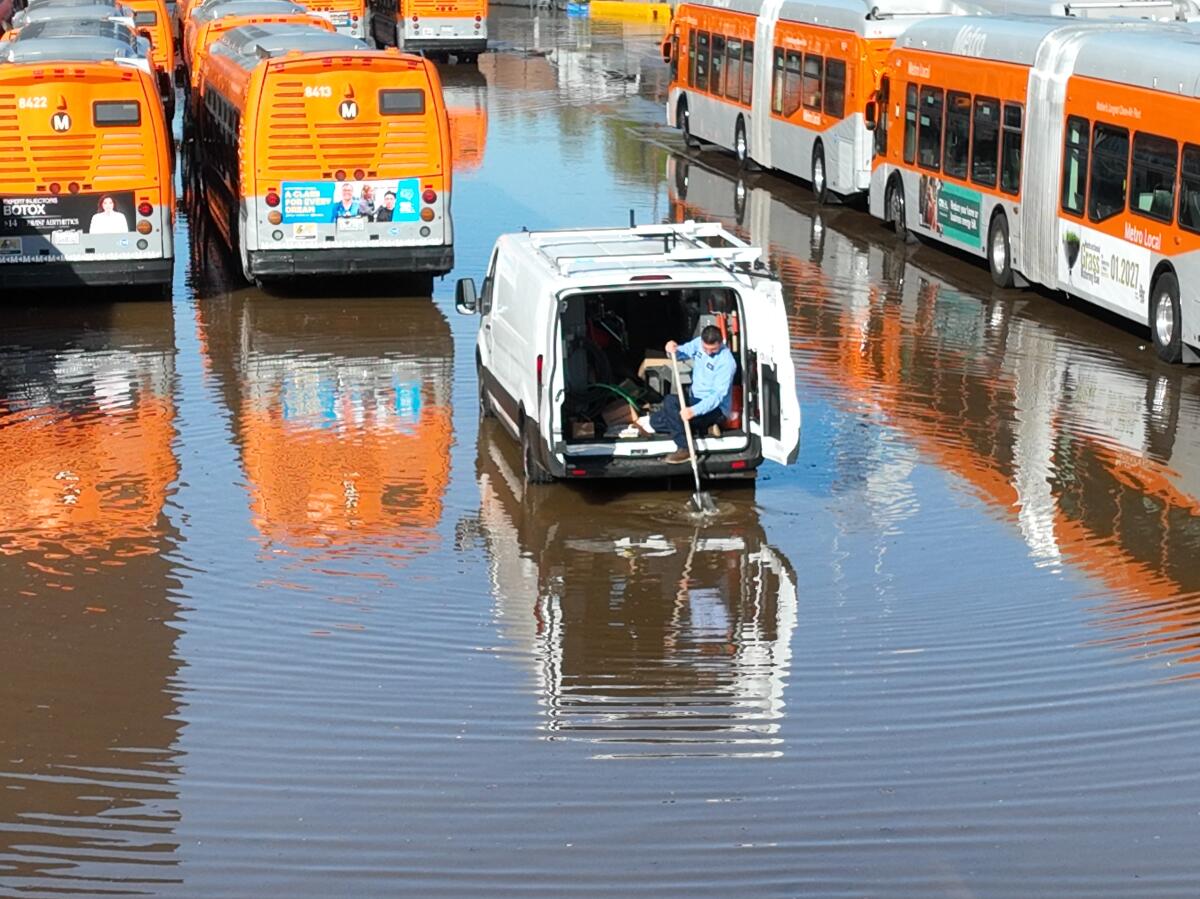 An aerial view of the flooded Metro bus yard.