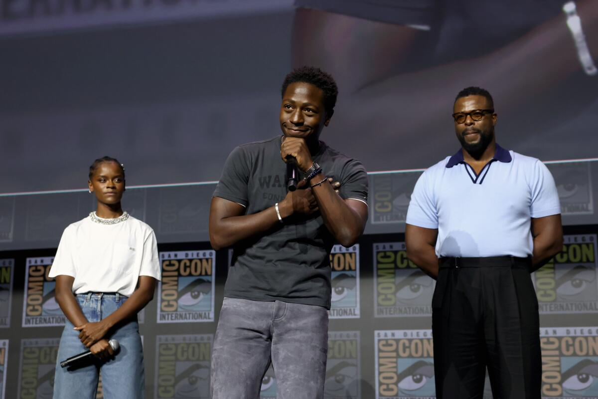 Letitia Wright, David Jonsson and Winston Duke speak at the Marvel Studios Panel at 2026 San Diego Comic-Con.