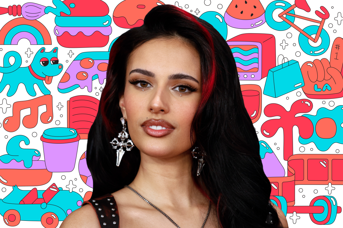 Photo of a person on a background of colorful illustrations like a book, dog, pizza, TV, shopping bag, and more