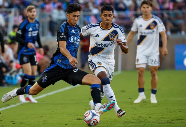 San Jose Earthquakes' Beau Leroux (34) kicks the ball against LA Galaxy's Edwin Cerrillo (6) in the first half at Stanford Stadium in Stanford, Calif., on Saturday, July 25, 2026. (Shae Hammond/Bay Area News Group)