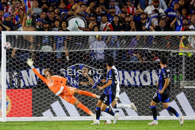 San Jose Earthquakes' Angus Gunn (1) jumps for the ball as it hits the side of the goal during a game against the LA Galaxy in the second half at Stanford Stadium in Stanford, Calif., on Saturday, July 25, 2026. (Shae Hammond/Bay Area News Group)