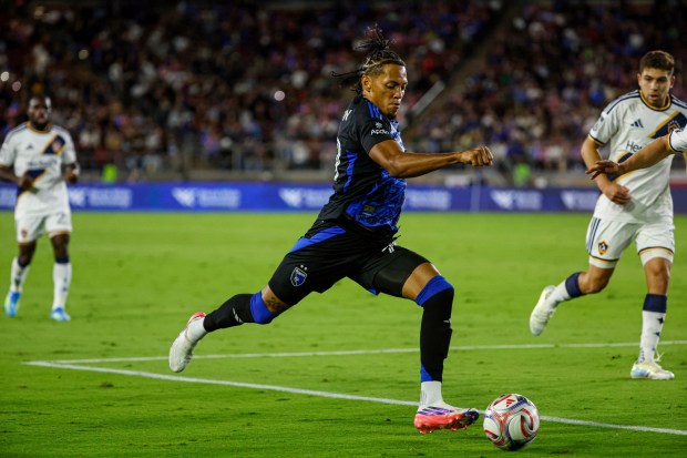 San Jose Earthquakes' Darius Johnson (79) runs with the ball against the LA Galaxy in the second half at Stanford Stadium in Stanford, Calif., on Saturday, July 25, 2026. (Shae Hammond/Bay Area News Group)