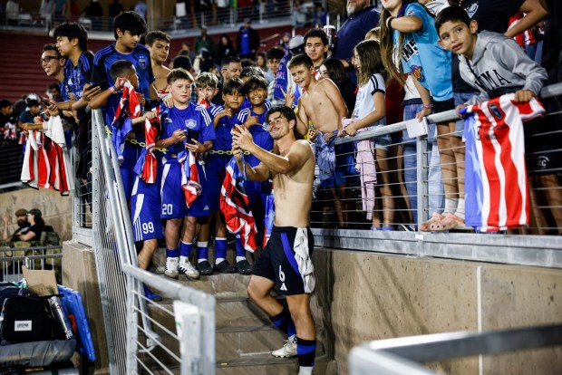 San Jose Earthquakes' Ian Harkes (6) takes a selfie with fans after the San Jose Earthquakes tied against LA Galaxy at Stanford Stadium in Stanford, Calif., on Saturday, July 25, 2026. (Shae Hammond/Bay Area News Group)
