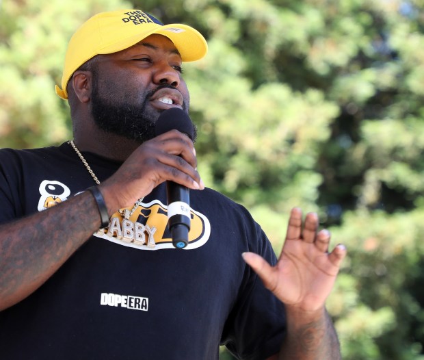 OAKLAND, CA - JULY 18: Performer Mistah F.A.B. speaks during the launch party for the Eat. Learn. Play. Foundation on Thursday, July 18, 2019, in Oakland, Calif. Stephen Curry and his wife Ayesha Curry founded the organization to help provide healthy food, education, and physical activity to underprivileged children in the Bay Area. (Aric Crabb/Bay Area News Group)